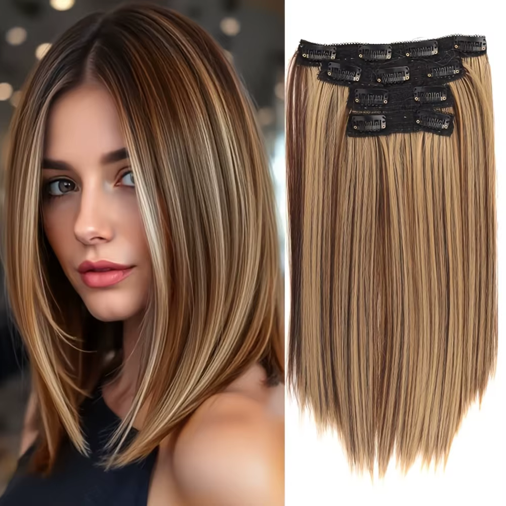 Extensions de cheveux synthétiques longs et lisses de 14 pouces