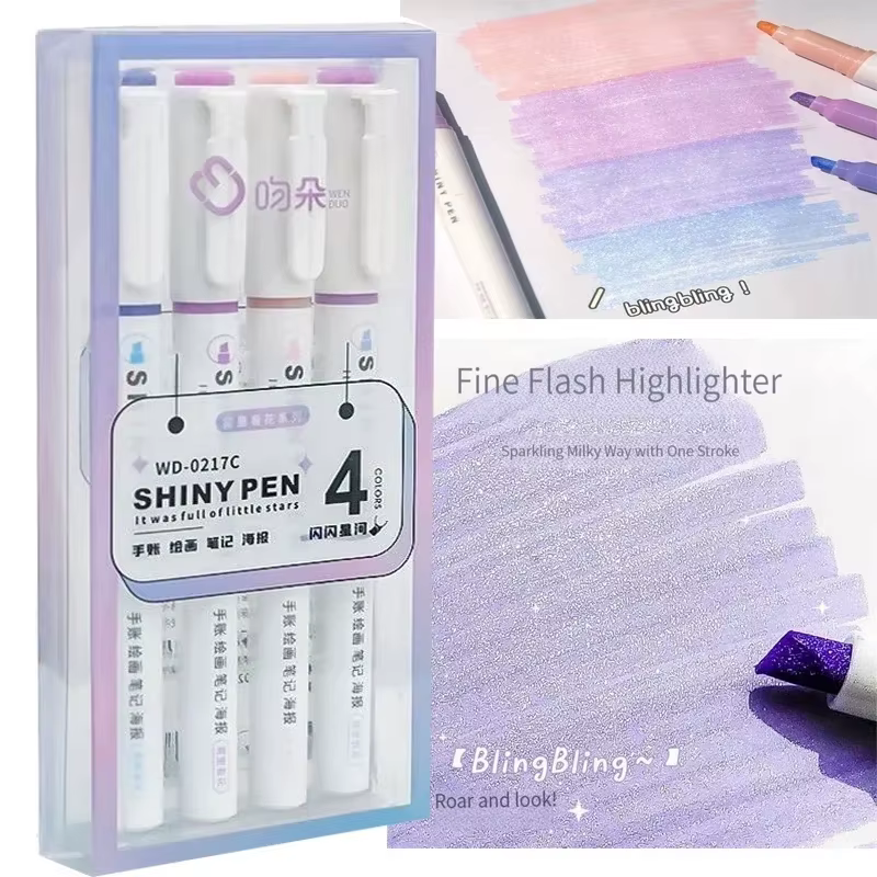 Stylo surligneur à paillettes Kawaii, 4 couleurs/boîte, marqueur surligneur Pastel fin, Scrapbook peint, papeterie fournitures scolaires