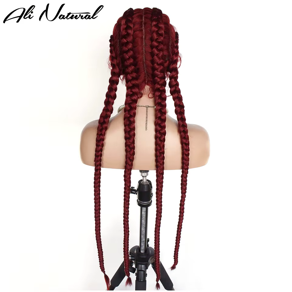 Perruque tressée bordeaux 4 tresses en dentelle, cheveux synthétiques pré-épilés, rouge 99j, perruque tressée avec dentelle supérieure 360