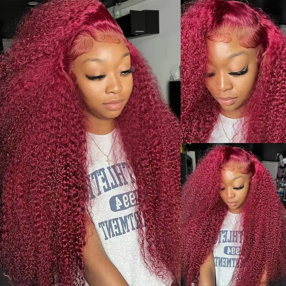 Perruque Lace Front Wig Naturelle Bouclée Rouge Bordeaux 99J