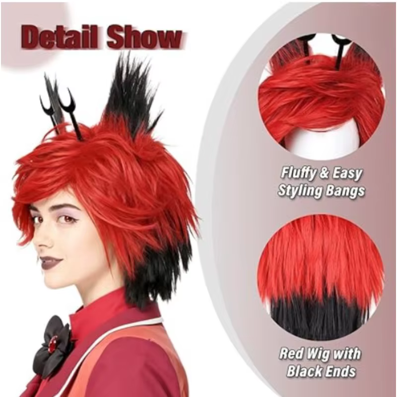 Perruque noire et rouge avec clips de cornes et oreilles détachables pour cosplay