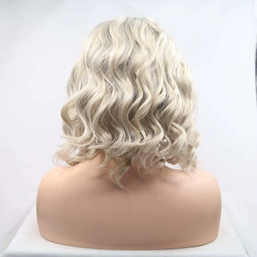 Perruque courte bouclée synthétique blonde avec dentelle frontale