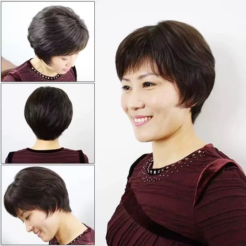 Perruque courte et droite en cheveux humains pour femmes asiatiques d'âge moyen et âgées