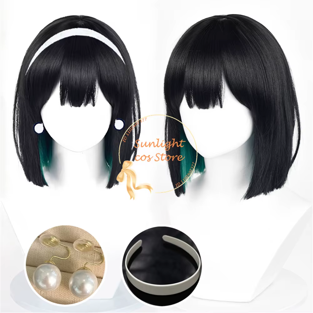 Sua Cosplay perruque 30 cm noir vert mixte perruques avec boucles d'oreilles résistant à la chaleur cheveux