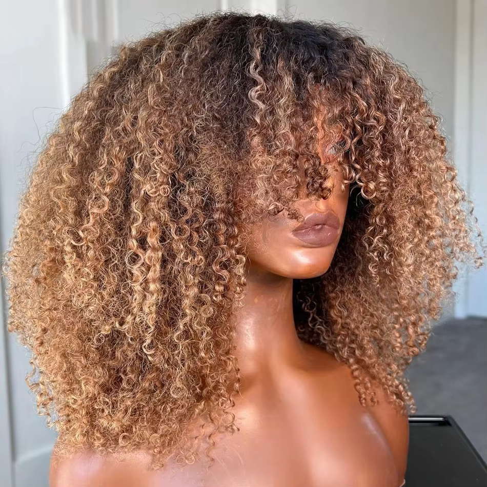 Blonde Afro crépus bouclés Bob perruque cheveux humains fait à la Machine sans colle