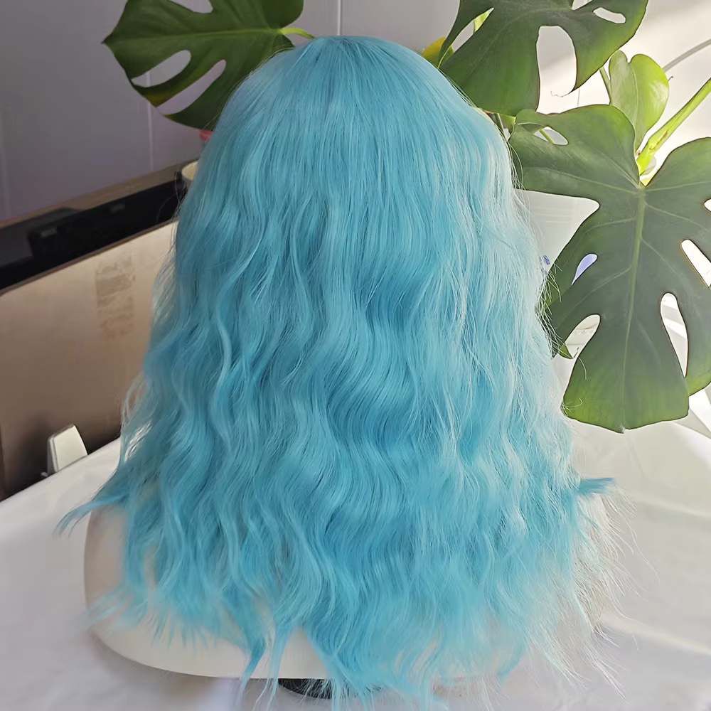 Perruque Lace Front Wig synthétique ondulée bleu ciel, perruque Loose Wave bleu clair pour femmes, Cosplay Makrup, utilisation en Fiber de chaleur, cheveux bleus