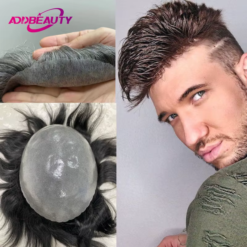 Hommes toupet avec noeuds pleine PU 0.14mm peau mince