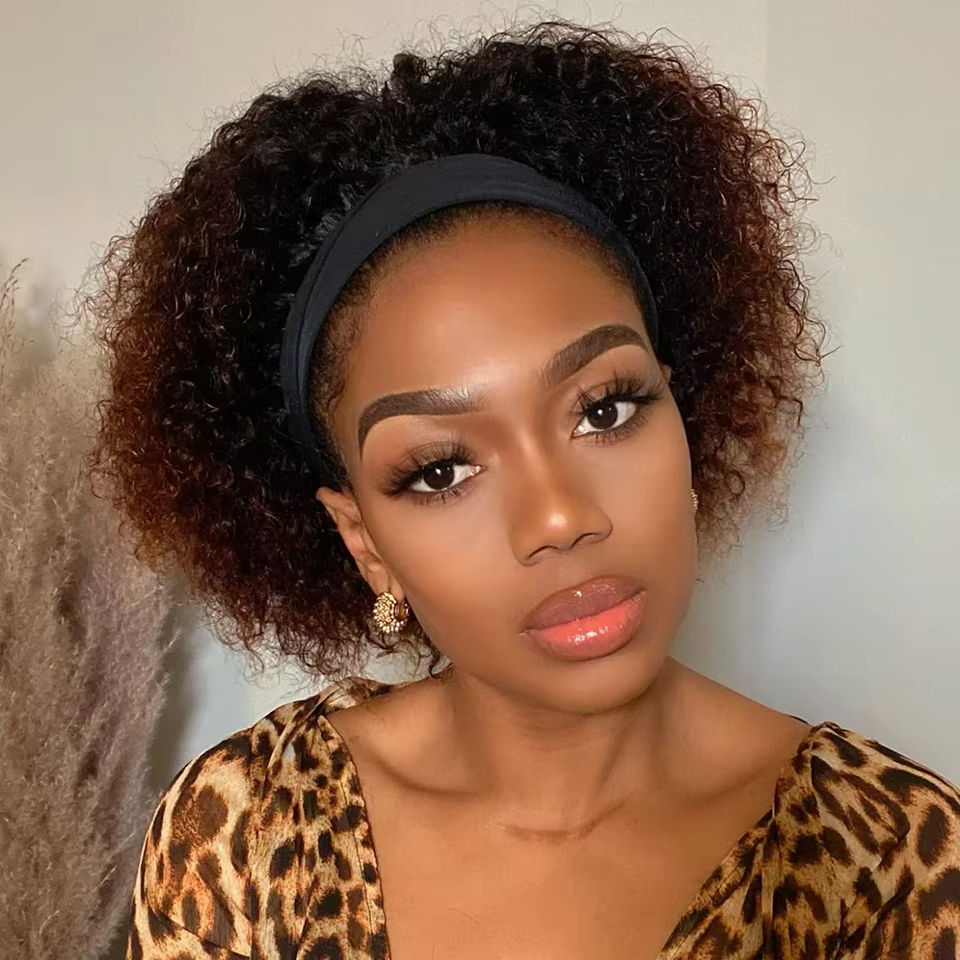 Perruque bandeau en cheveux humains bouclés, perruques brunes à enfiler, perruques bandeau sans colle avec bande élastique, coupe pixie, perruques bouclées en cheveux humains