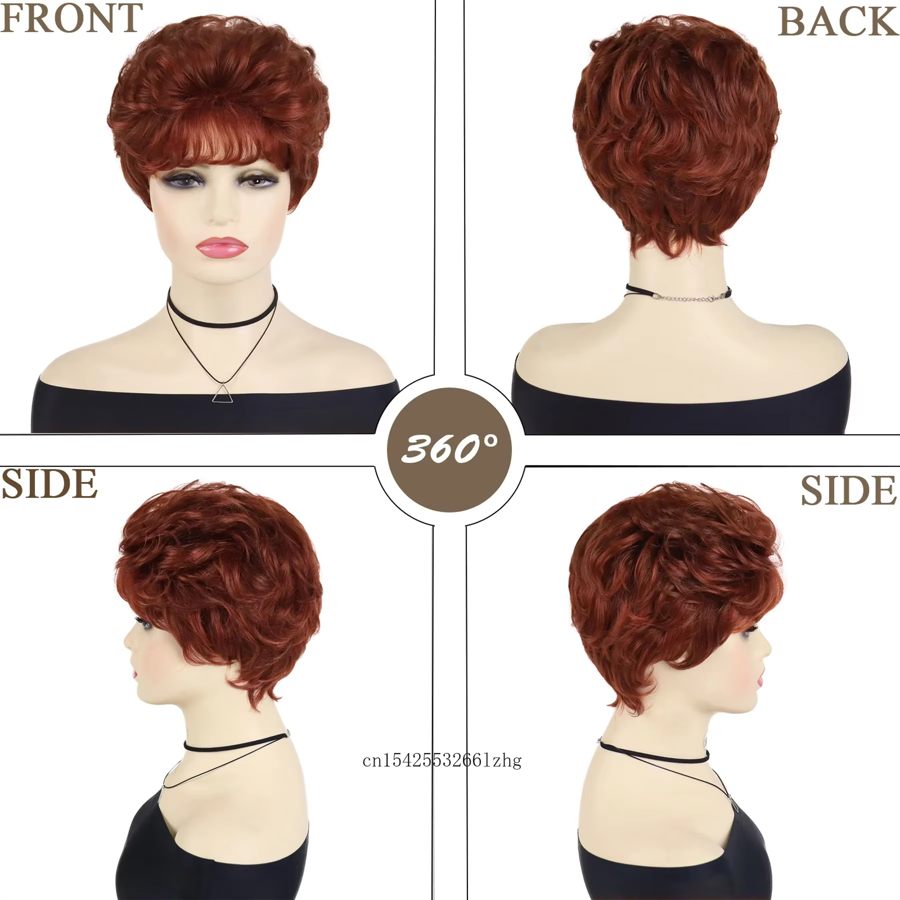Perruques de cheveux rouges bouclés courts en fibres synthétiques perruque naturelle avec Bang femme