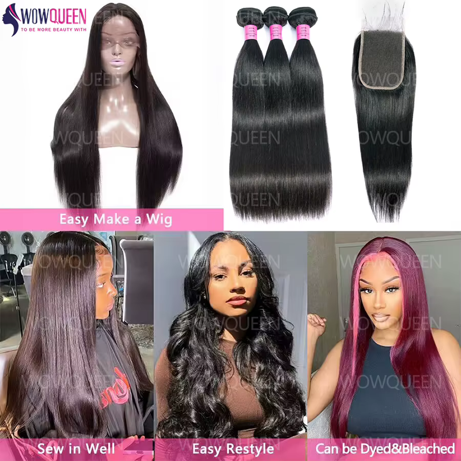 Paquets droits de cheveux humains avec fermeture 2x6 4x4 Extensions