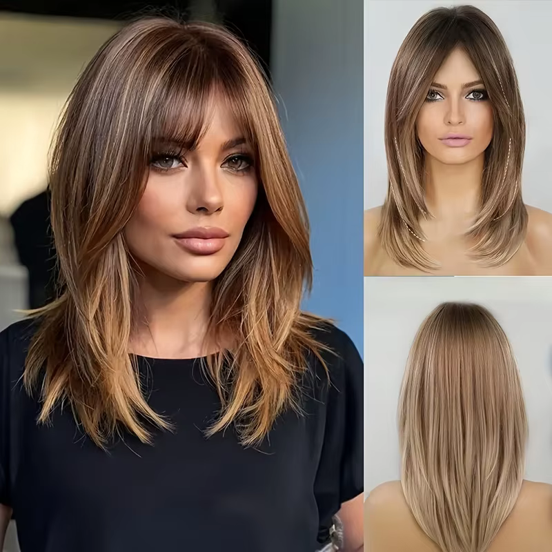 Perruque longue et lisse marron pour femme