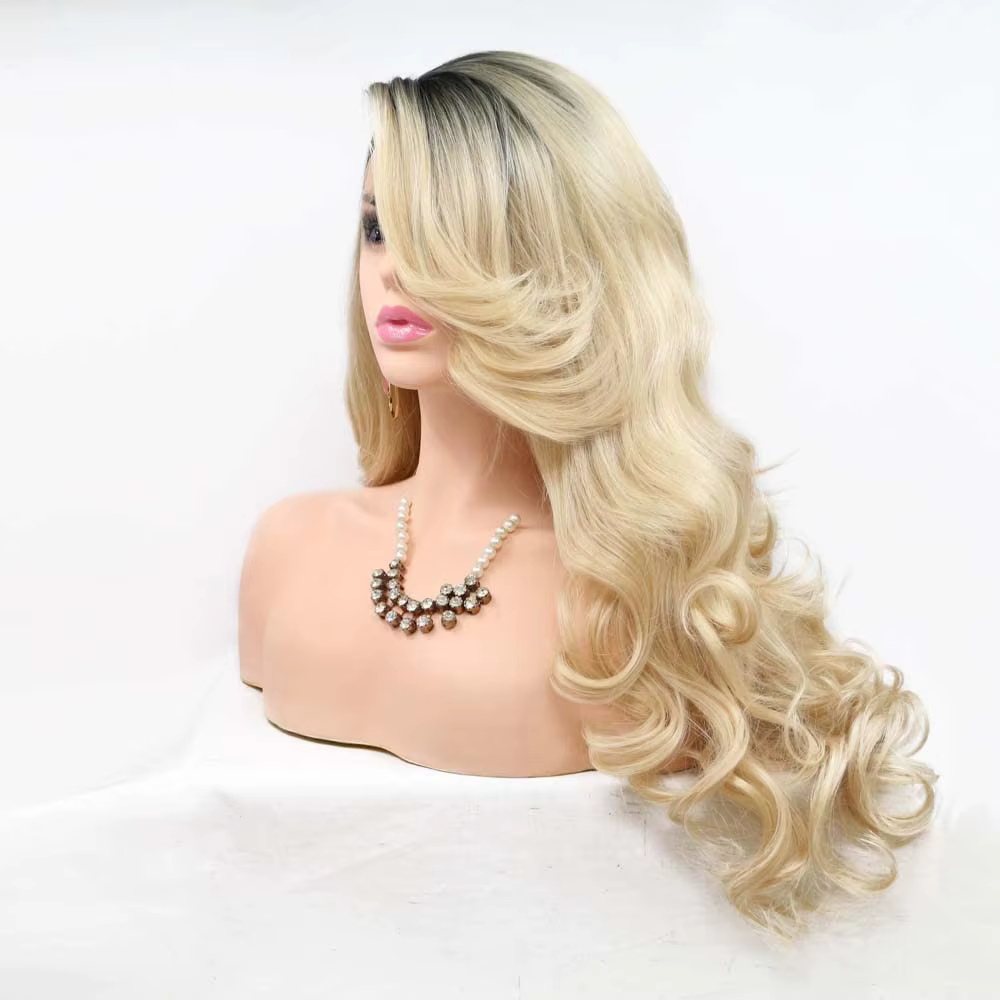 Mbre Blonde dentelle avant perruques longue corps ondulé mixte platine