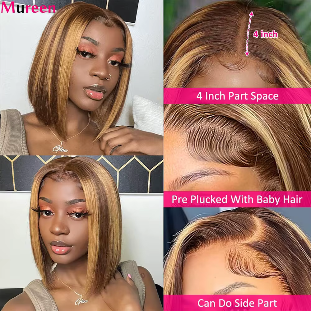Perruque Bob Mureen 4/27 Highlight en Cheveux Humains Lisses