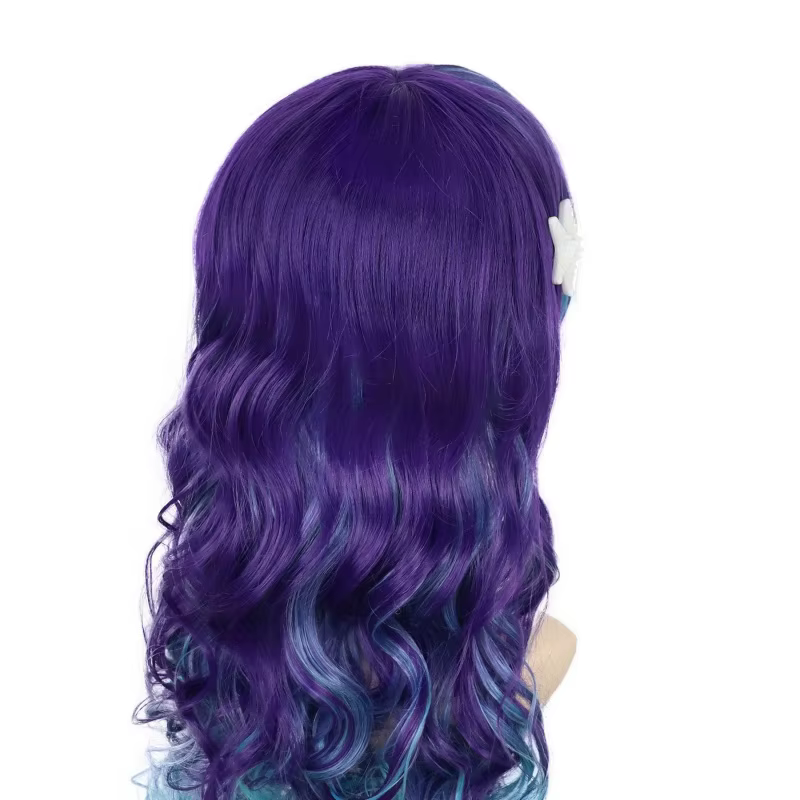 Perruque synthétique longue ondulée ombrée bleu-violet avec frange latérale et pince étoile de mer pour femme