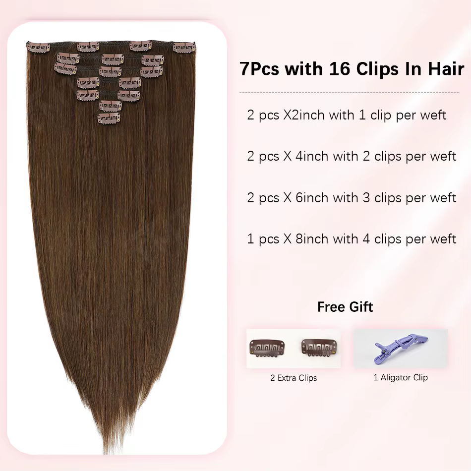 Extensions de cheveux humains lisses à clipser, 7 pièces/ensemble, pour tête entière, style brésilien, 85/120 grammes, extensions à clipser pour femmes