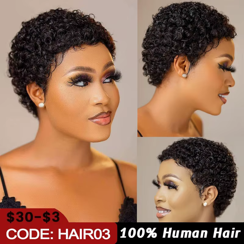 Perruques courtes crépues bouclées cheveux humains coupe lutin