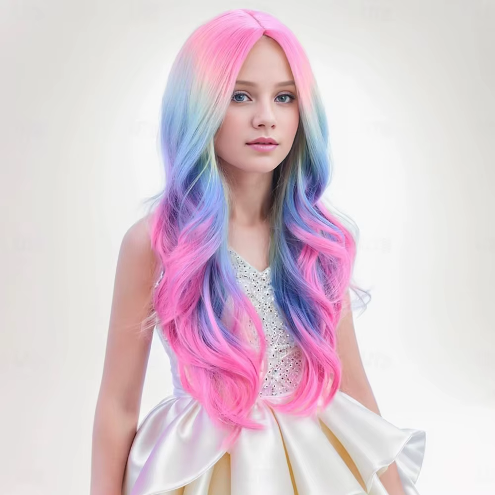 HAIRJOY cheveux synthétiques perruques colorées longue perruque ondulée bouclée pour filles enfants arc-en-ciel