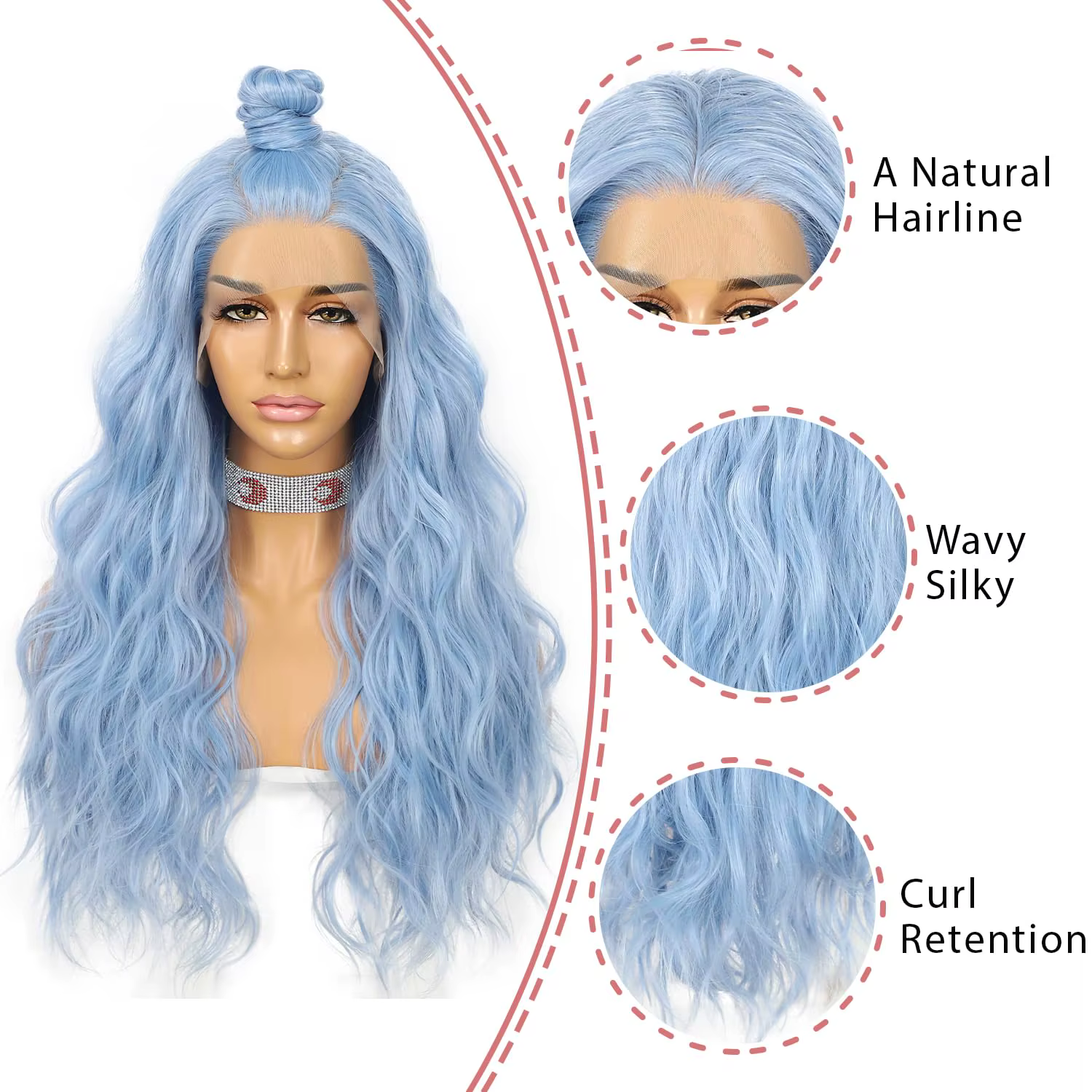 Perruque avant en dentelle ondulée bleue pour femme
