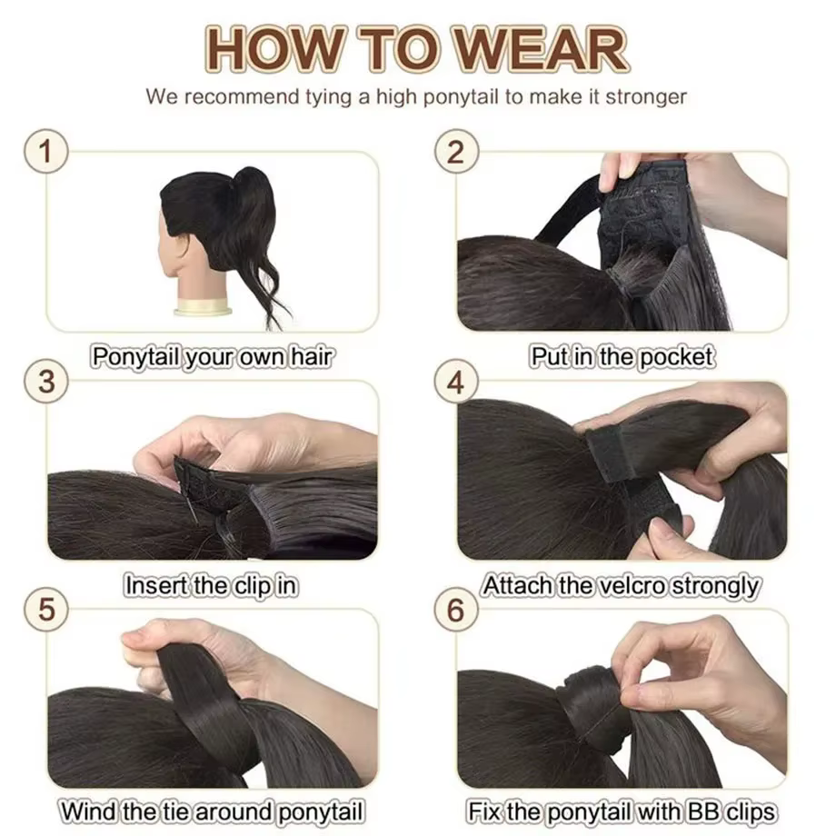Extensions de cheveux brésiliennes pour femmes noires, queue de cheval à clipser, en cheveux humains lisses, à enrouler avec cordon de serrage
