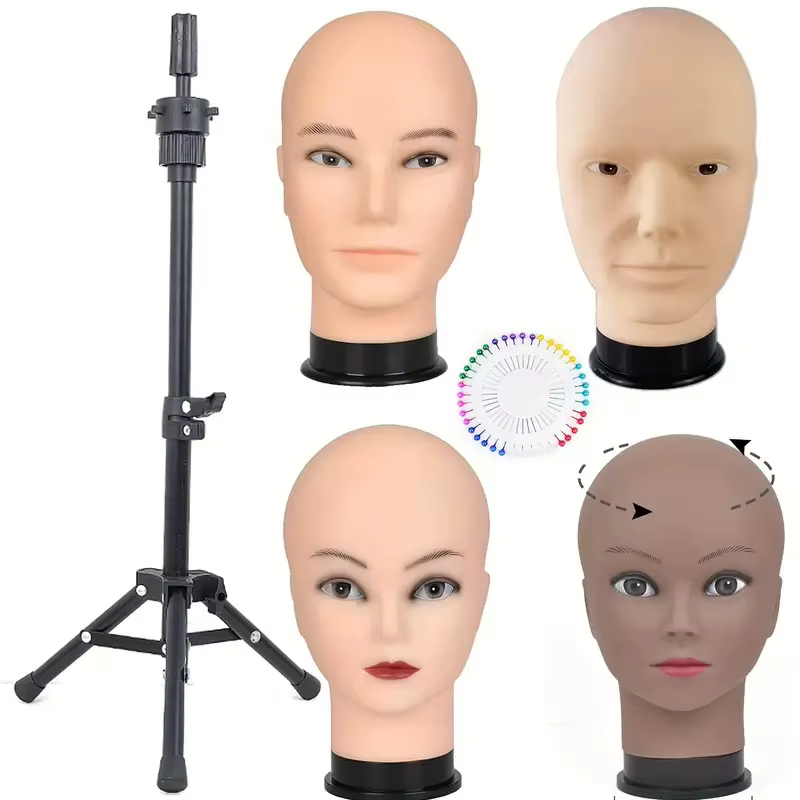 Tête de Mannequin chauve avec trépied de coiffure noir
