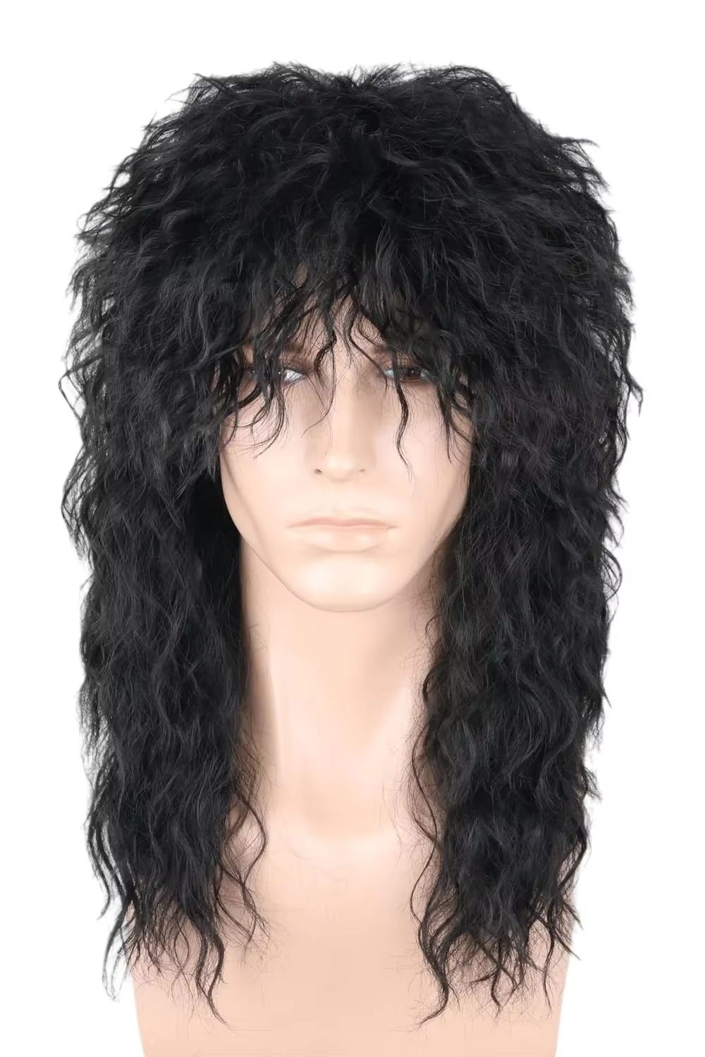 Perruque bouclée noire pour hommes avec frange – Cheveux synthétiques ondulés naturels pour cosplay