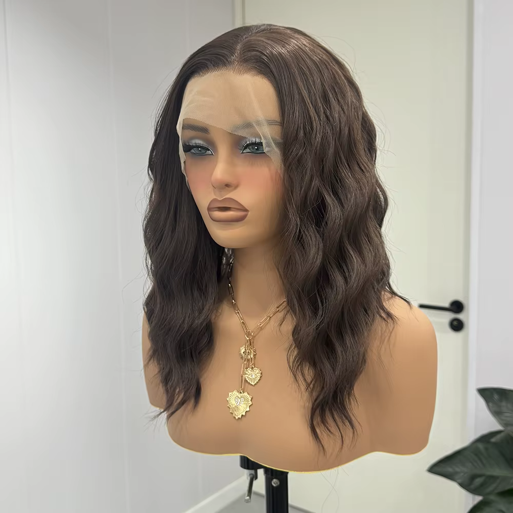Perruque Synthétique Courte Ondulée Brun Foncé pour Femme