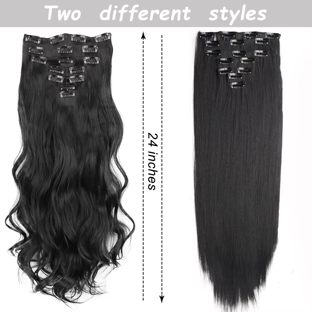7 pièces/ensemble 16 Clips Extension de cheveux noir longue droite