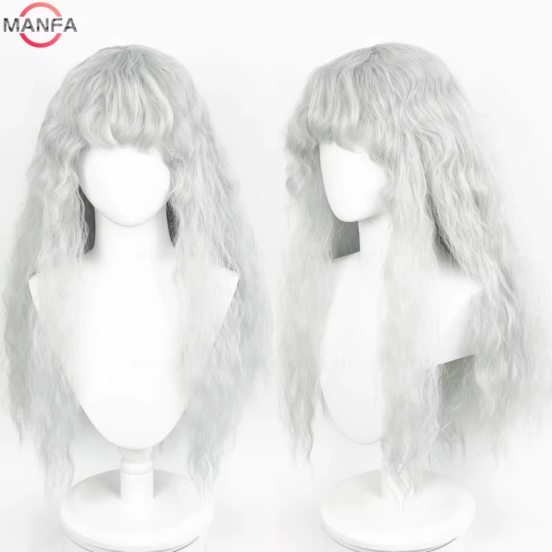 Griffith Cosplay perruque gris clair bouclés ondulés longs résistant à la chaleur perruques de cheveux synthétiques +