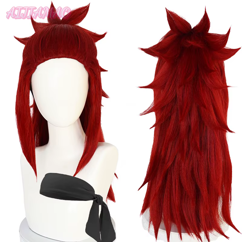 Perruque Cosplay Synthétique Longue Rouge Foncé avec Queue de Cheval