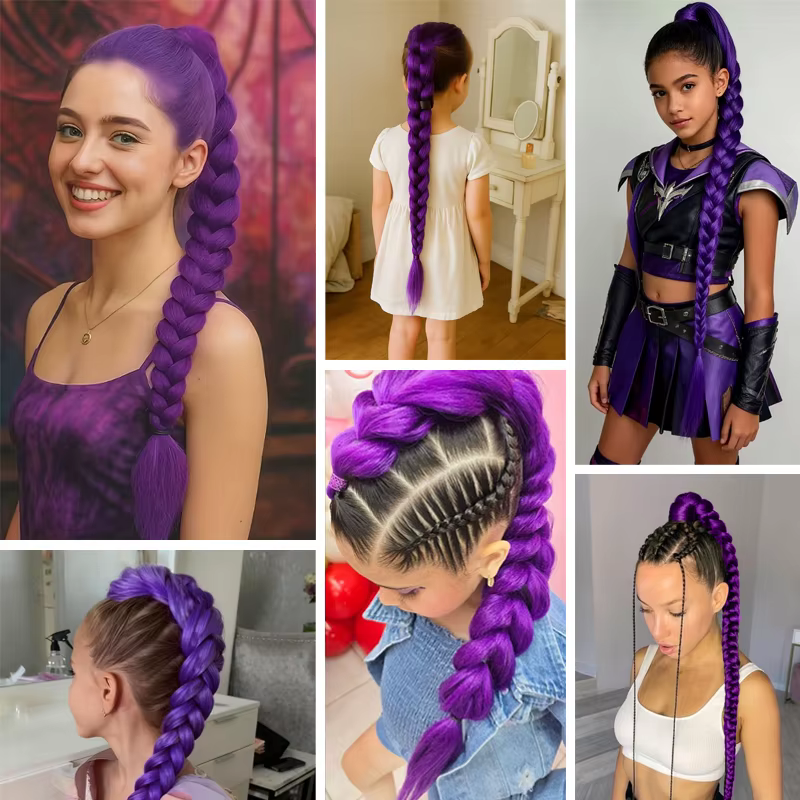Perruque d'extension de queue de cheval de cheveux violets pour enfants postiche