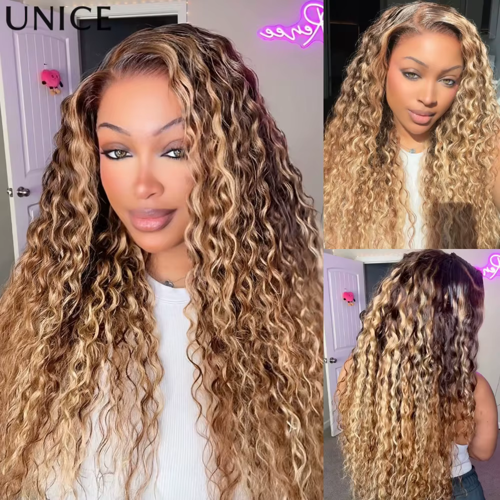 UNice Bye-Bye Slip ™   Perruque 13x4 Lace Frontal Couleur Bronde avec Mèches Blond Miel Ondulées Effet Mouillé 100% Cheveux Humains Sans Colle