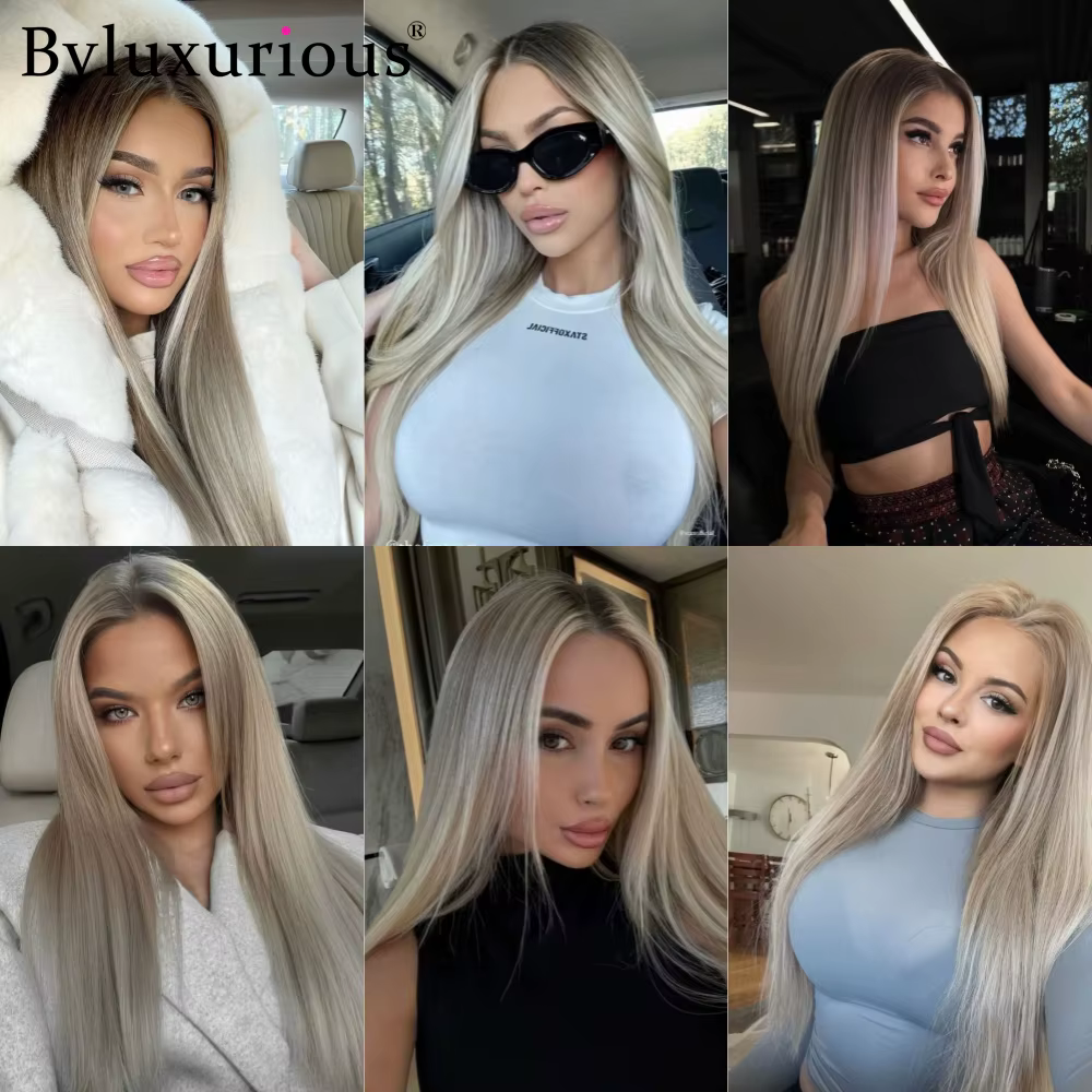 Byluxurious mettre en évidence cendré Mica gris droite 100% perruque de cheveux humains 13x 6/5x5 sans colle prêt à