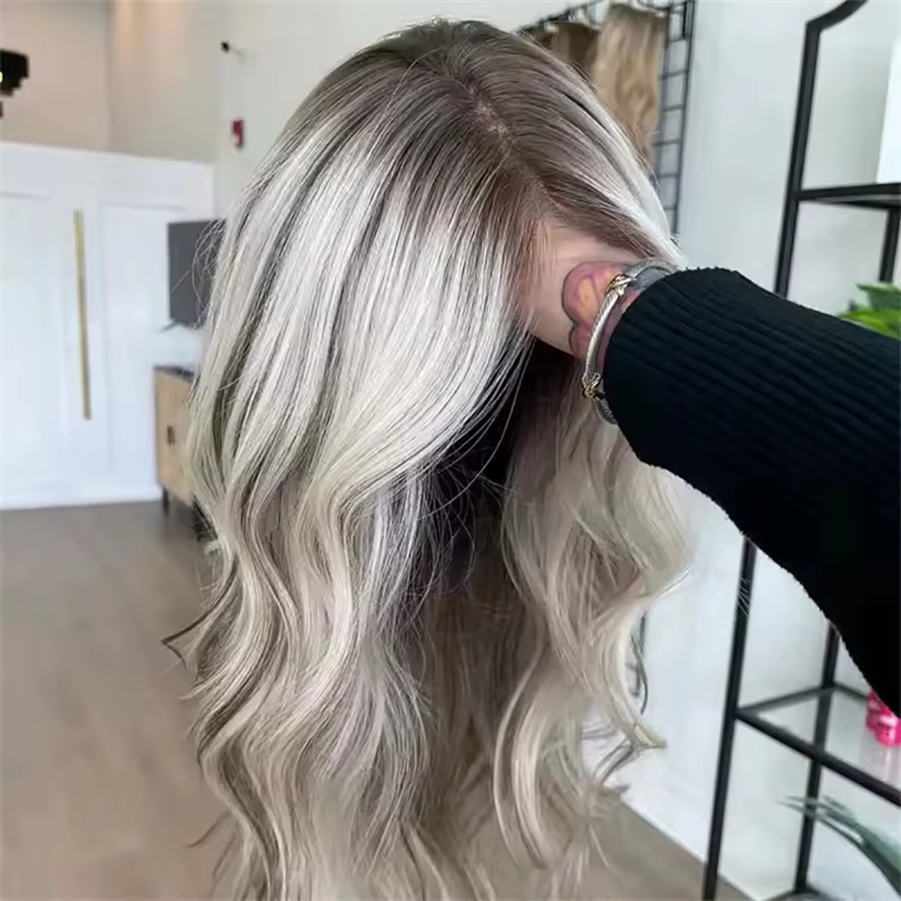 100 vrais cheveux humains blond cendré perruque racines foncées vague de corps mettre en évidence perruques