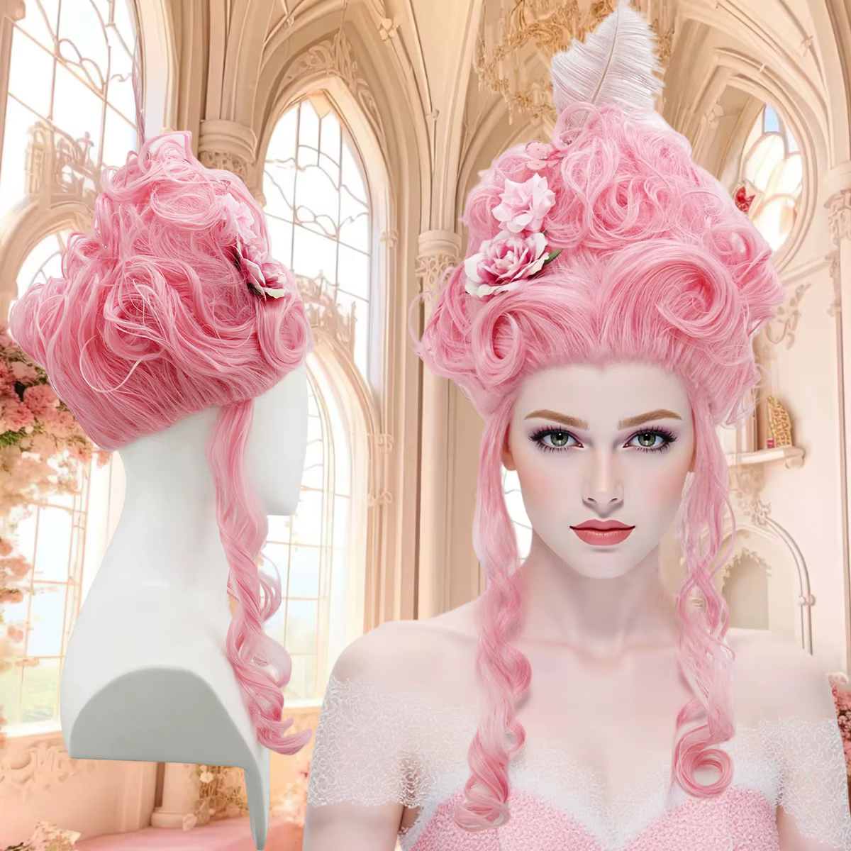 Perruque synthétique rose moelleuse de haute qualité | Coiffure de la reine avec des fleurs de plumes