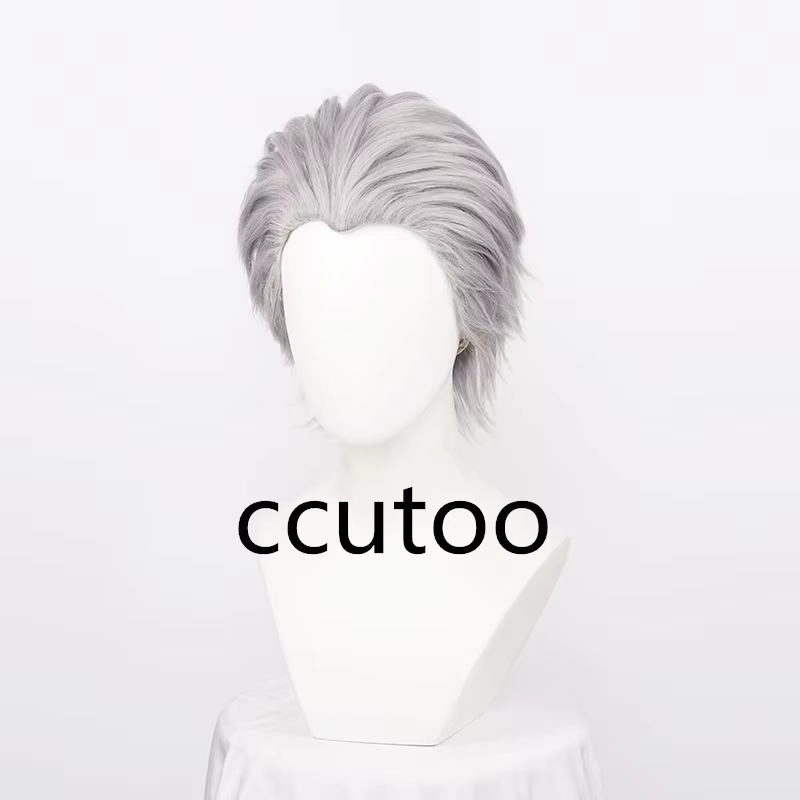 Perruque de Cosplay synthétique Vergil pour hommes, cheveux courts gris argenté, lisses au dos, résistants à la chaleur + bonnet de perruque