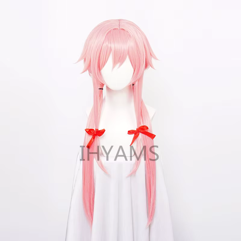 The Future Diary – perruque de Cosplay synthétique Yuno Gasai, longue et lisse, rose, avec ruban rouge et bonnet