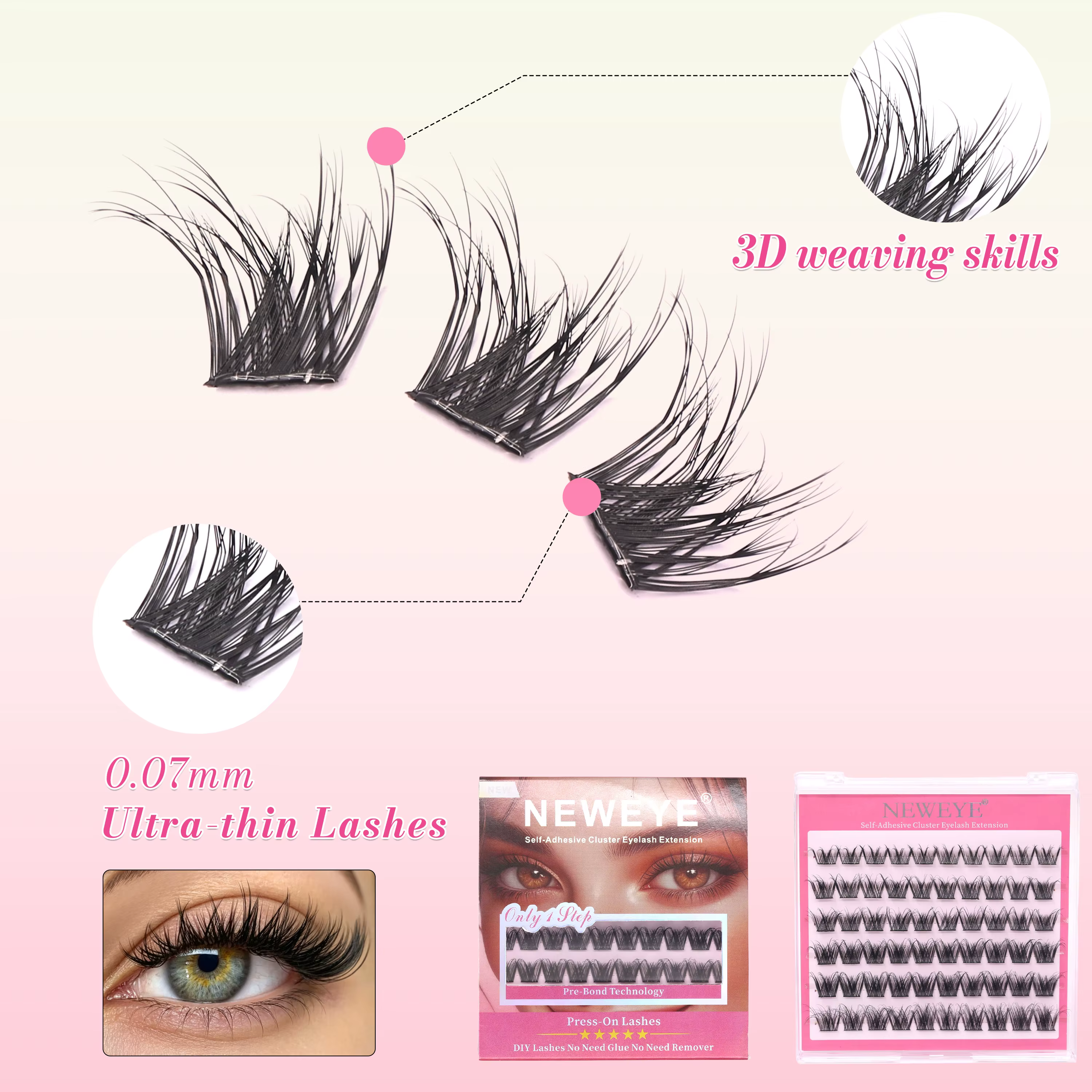 Série NE NE05 Nouvel Emballage 6 Rangées 100% Fait Main Effet 3D Moelleux Sans Colle Requise Extensions de Cils 10-14mm Noir Facile à Retirer Réutilisable