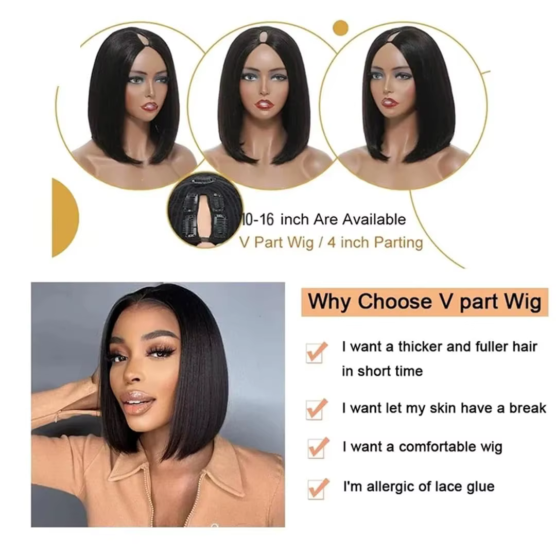 V partie perruque cheveux humains pour femmes court Bob droite sans colle brésilien Remy Bob pince en demi