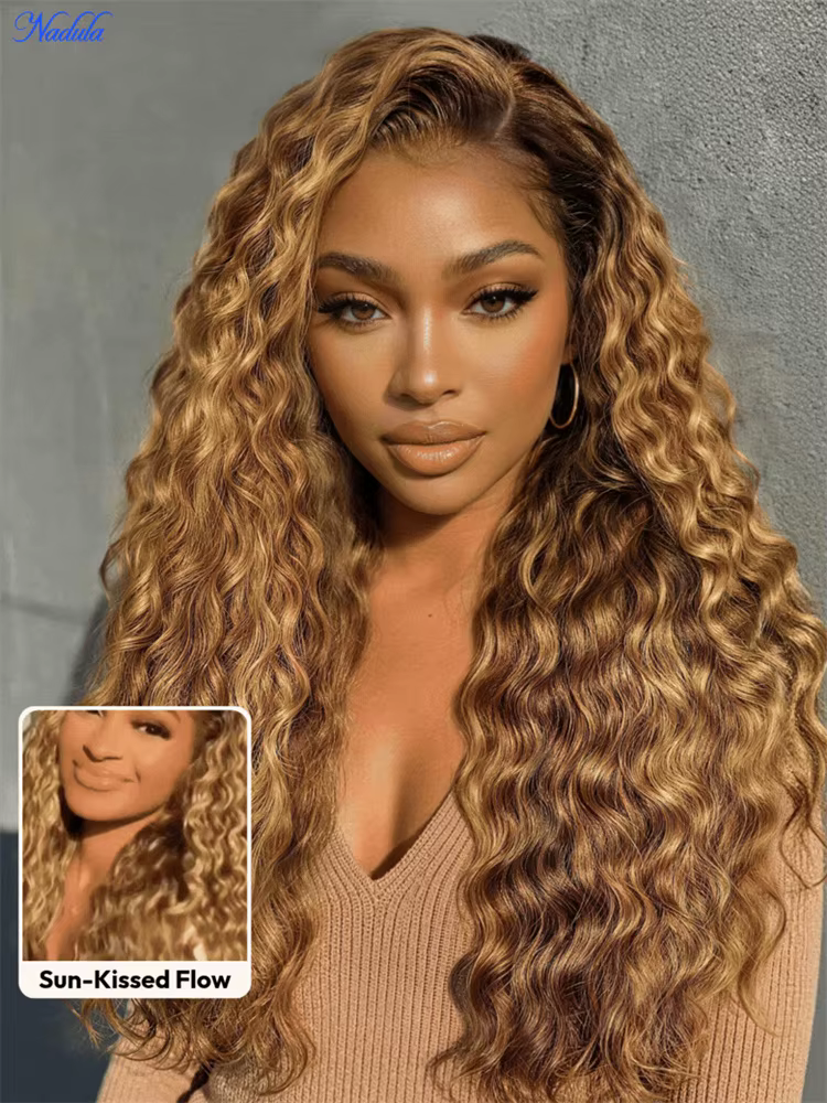 Nadula 13x4 Pré-Assemblé ™ Perruque Lace Frontale Cheveux Humains Blondes avec Mèches Ondulées Effet Vague Pré-coupée
