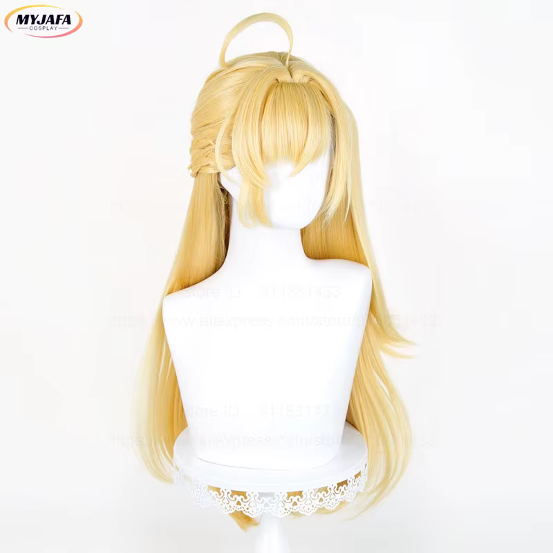 Perruque de Cosplay Anime Cissia, 72cm de long, queue de cheval droite tressée, cheveux synthétiques dorés résistants à la chaleur, perruques de fête d'halloween + bonnet de perruque