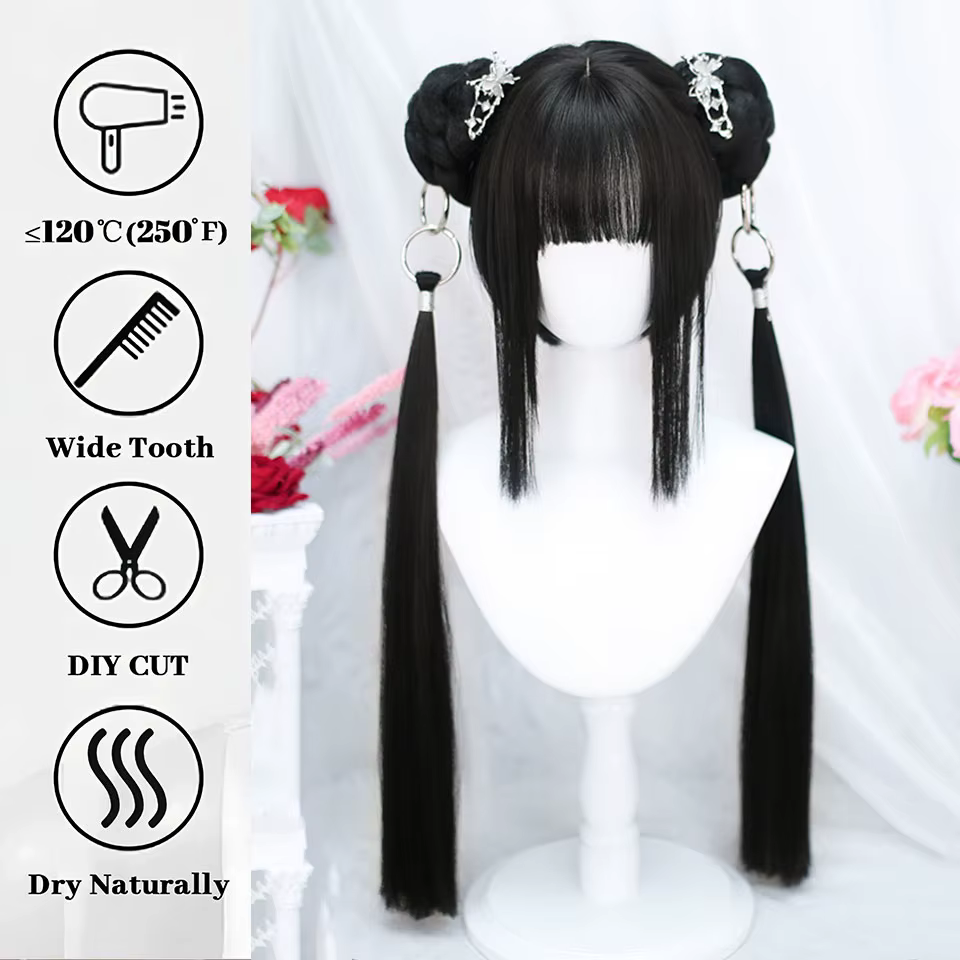 OLACARE perruque synthétique courte droite avec longue queue de cheval Hairbun Lolita Cosplay fête Harajuku