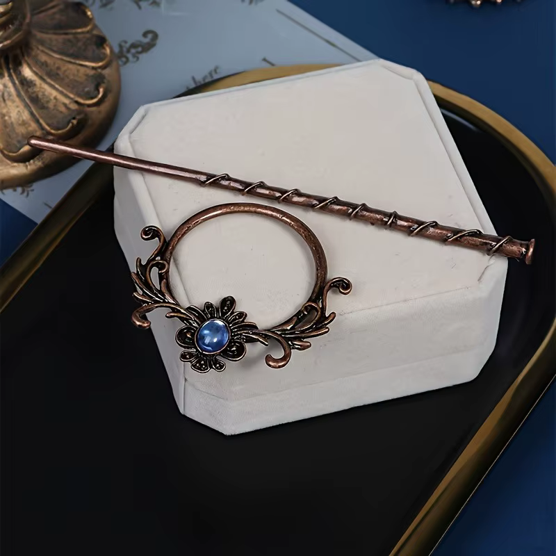 1 pièce de bâton de cheveux de style vintage : cuivre – Tonifié avec une gemme bleue et un motif floral orné