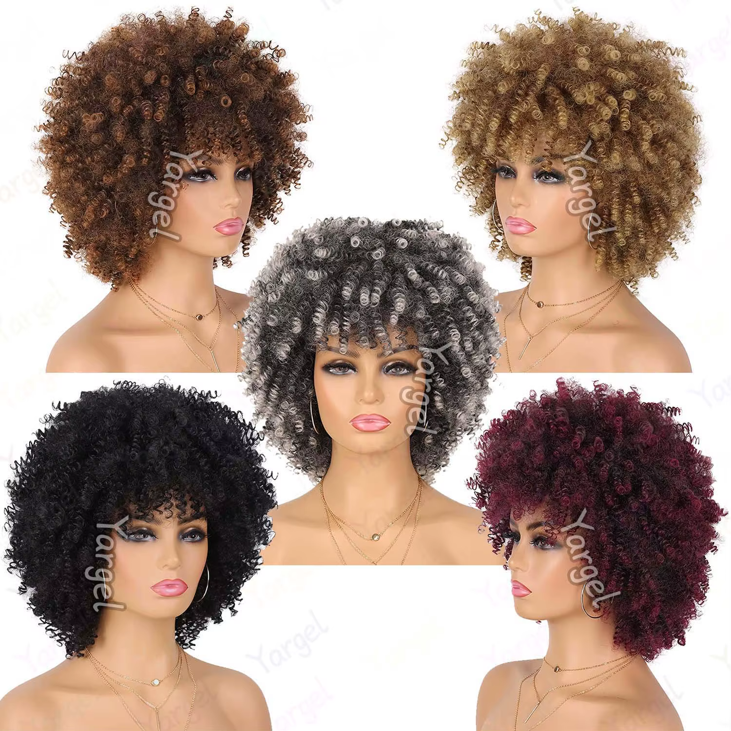 Perruque synthétique afro bouclée avec frange