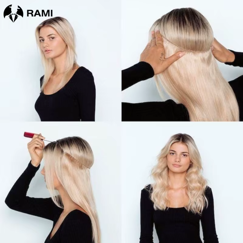 Extensions de cheveux naturels One Piece Fish Line 12-26 pouces # 1B/613 Noir à blond pour une ligne de séparation contrastante