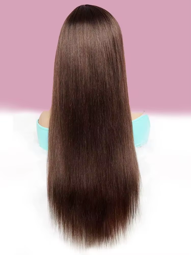 Perruques de cheveux 100% humains, perruque complète avec frange, marron, lisse, faite à la Machine, avec frange, Collection Bobbi