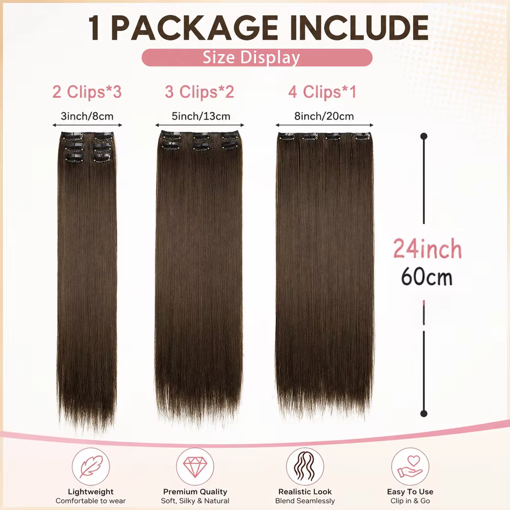 Extensions de cheveux noirs 24 pouces/60 cm