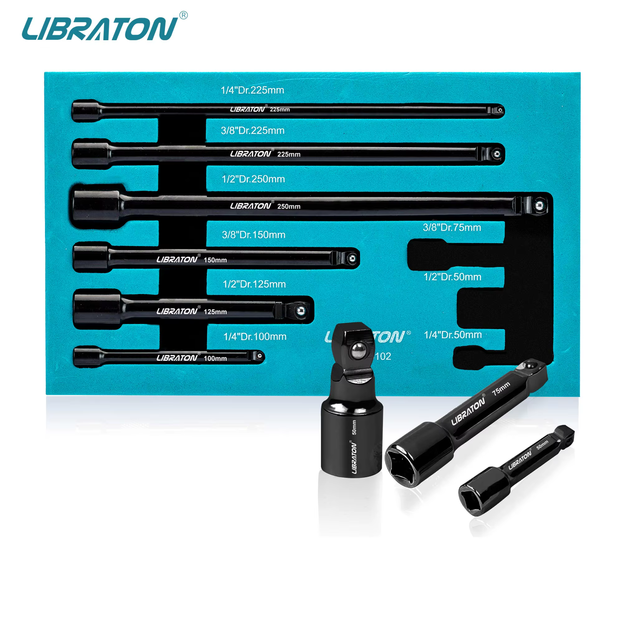 Libraton 9 pièces ensemble d'extensions de douilles oscillantes, Extensions à cliquet 1/4 "3/8" 1/2 ", Extensions oscillantes, Extension de douille d'entraînement