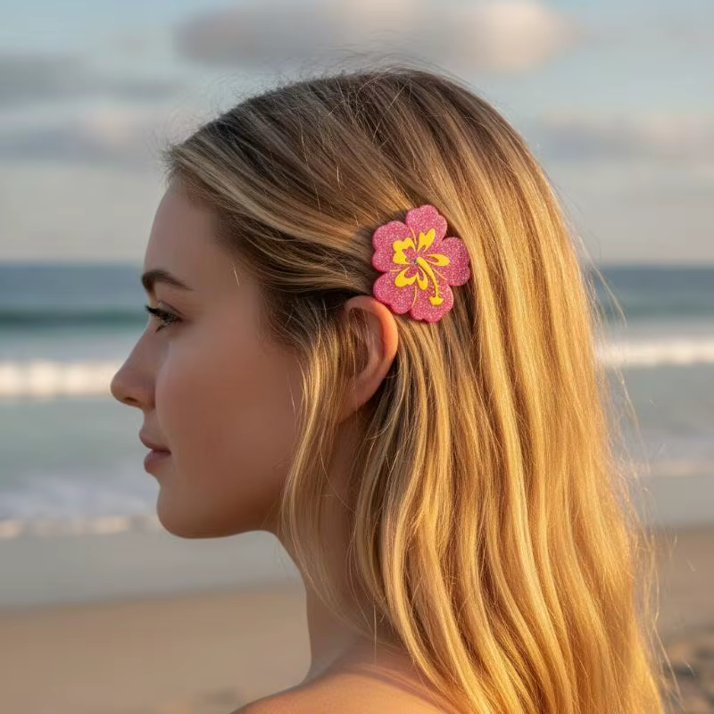 Barrettes à cheveux en forme de dauphin bleu scintillant avec fleur d'hibiscus rose et motif tropical