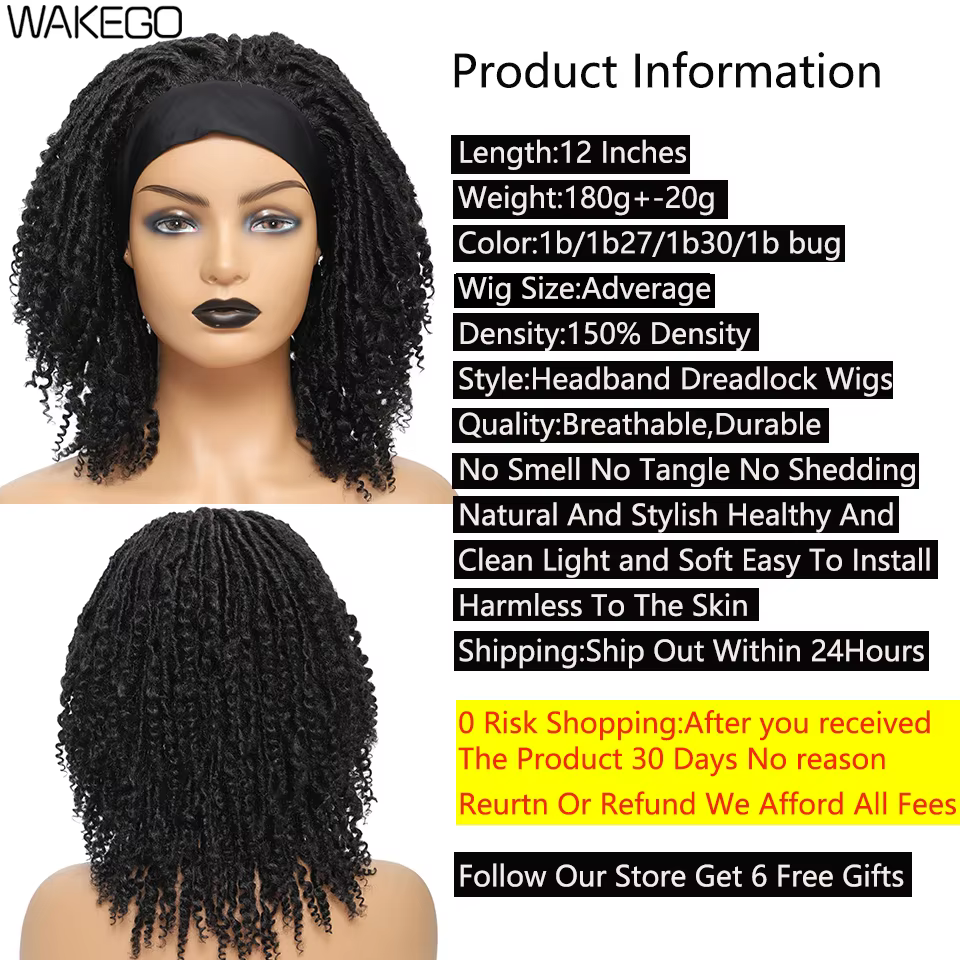 Perruque à bandeau de tête de dreadlocks courtes et bouclées pour les femmes