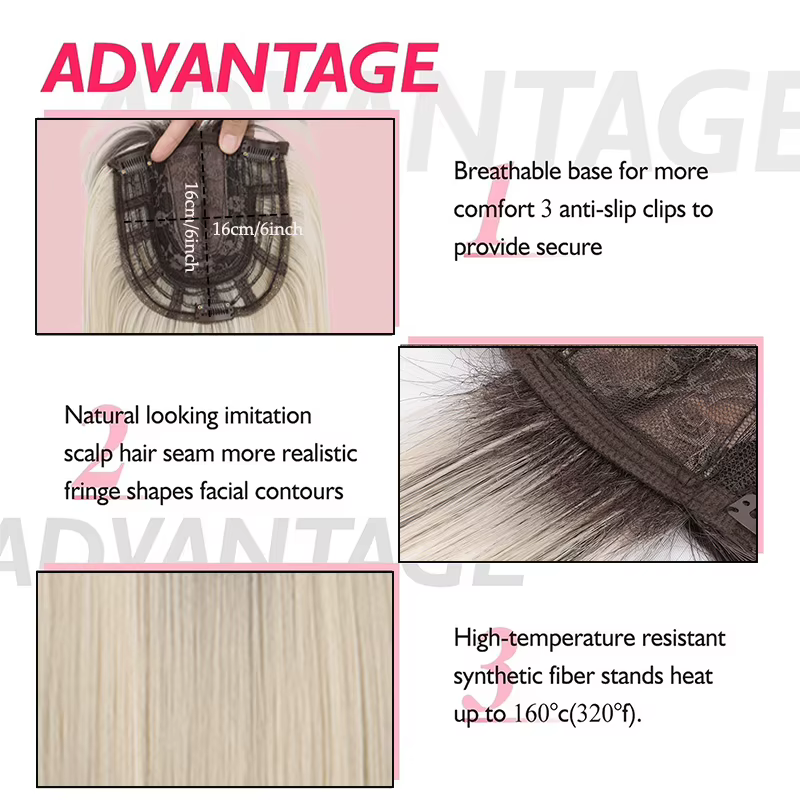 Extensions de cheveux synthétiques à clips avec frange : postiche longue et droite haute température